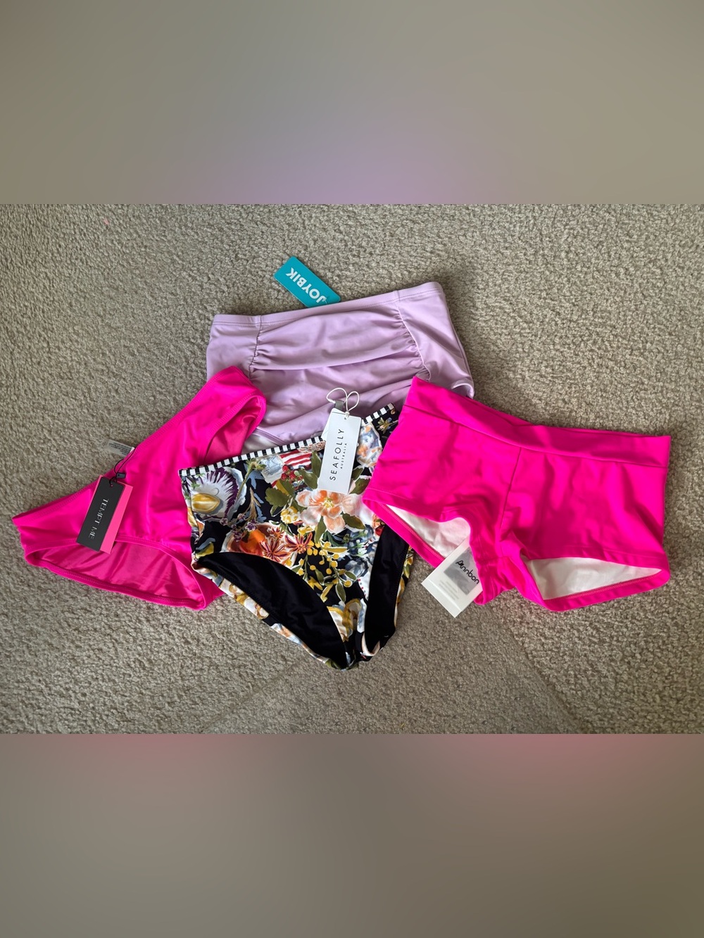 Bikini bottoms bundle of 4, Purple, Floral, Hot Pink bikini & Shorts, Size S,NWT